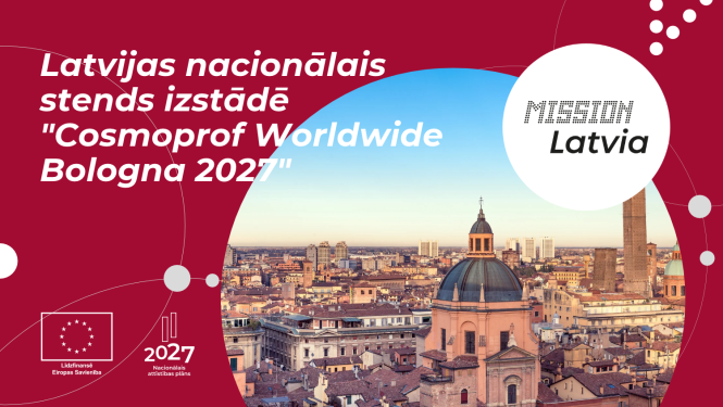 Itālijas pilsētas Boloņa skats no putna lidojuma. Līdzfinansē ES, NAP un Mission Latvia logo. Tekstā - Latvijas nacionālais stends izstādē "Cosmoprof Worldwide Bologna 2027"