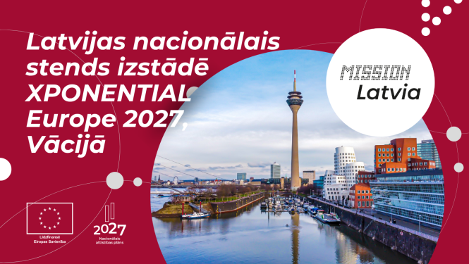 Diseldorfa. Tekstā "Latvijas nacionālais stends izstādē XPONENTIAL Europe 2027, Vācijā"