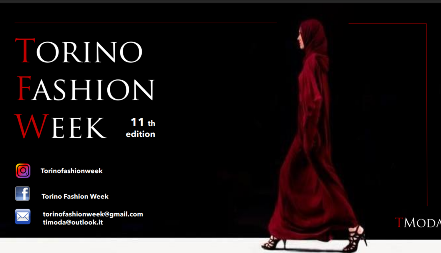 Modele, ģērbusies sarkanā kostīmā, iet no attēla labās puses uz kreiso pa mēli